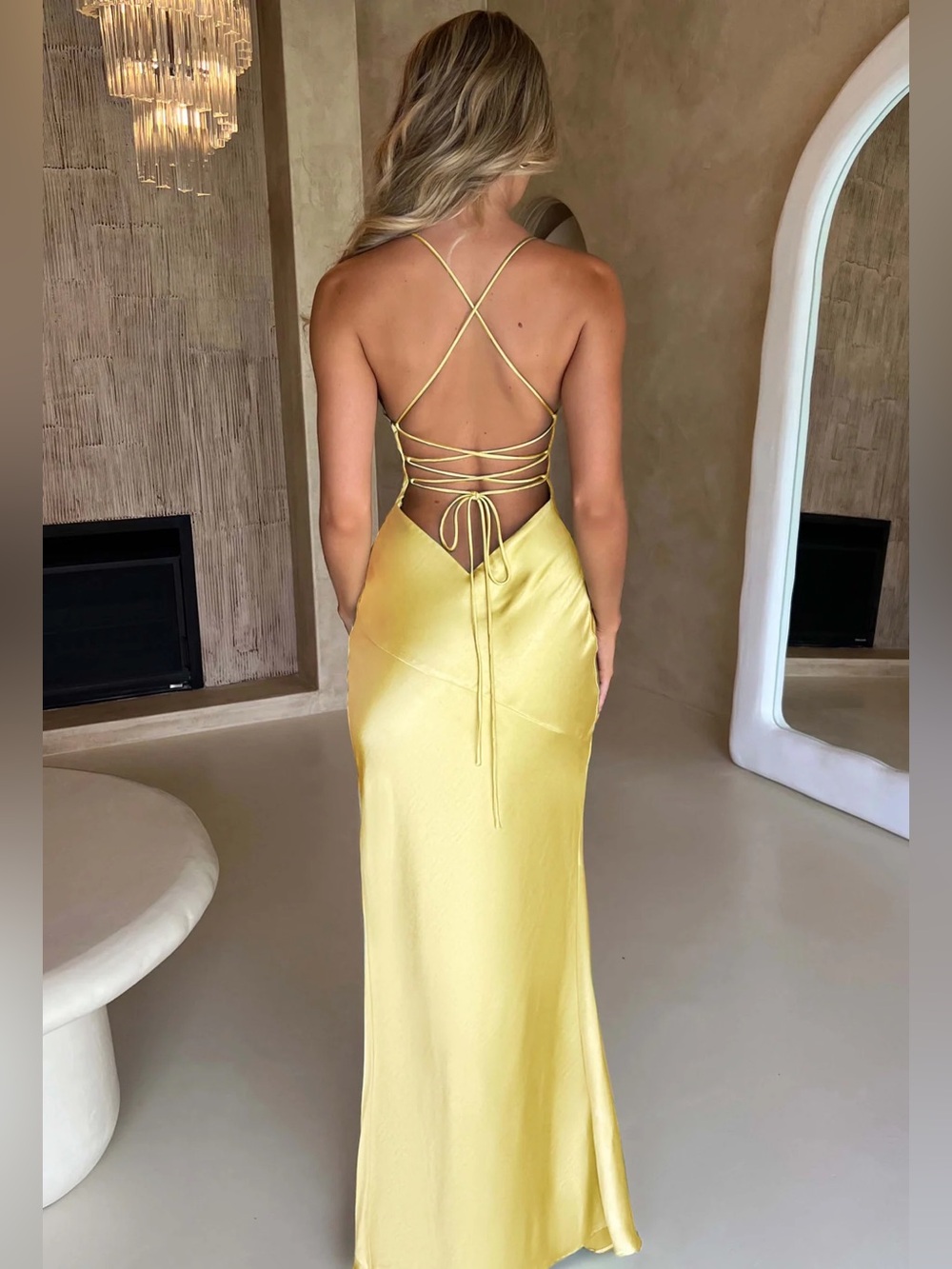 Backless Yellow Satin Slip Dress with Lace-Up Straps
